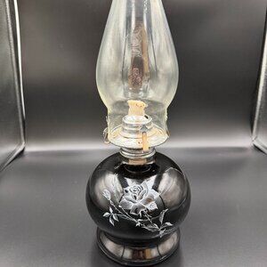 Vintage Lamplight Farms Black Glass Oil Lamp with Floral Silver Rose Design, EUC